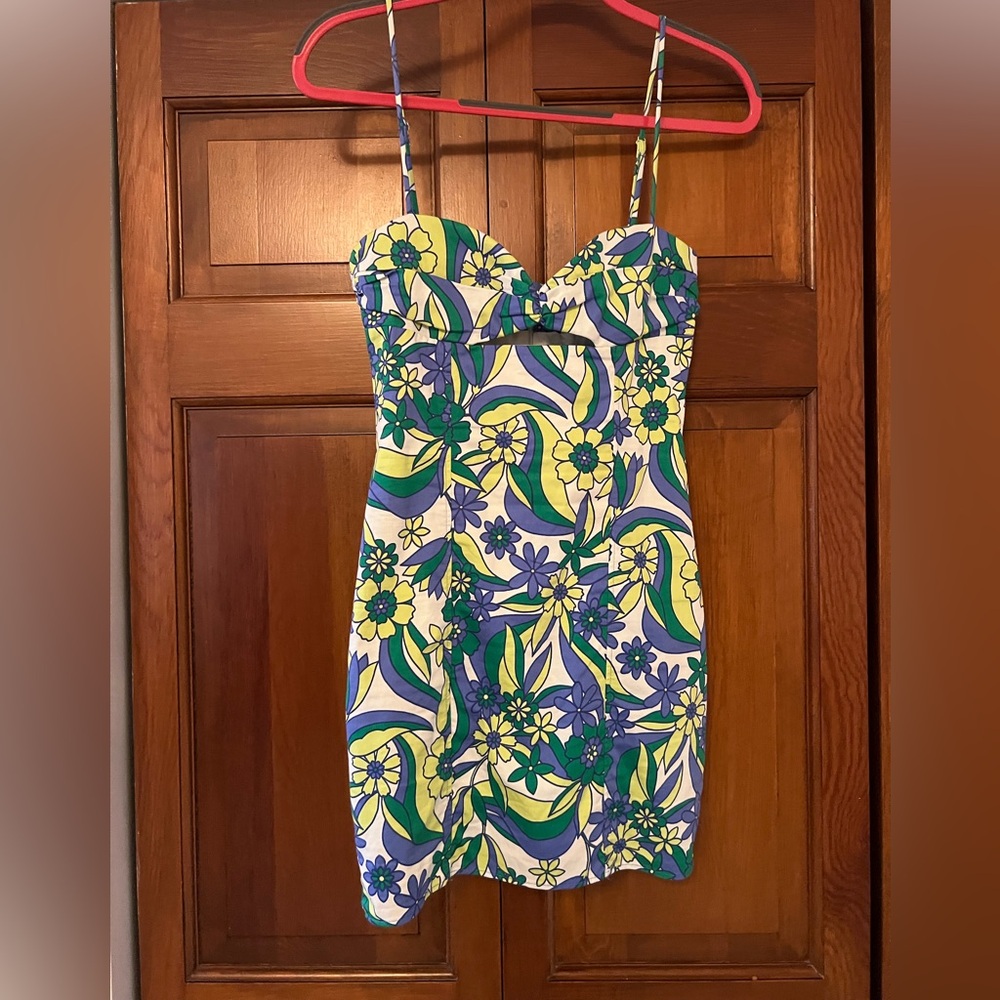 Zara Multi Floral Green and Blue Mini Dress with Cut outs, size small